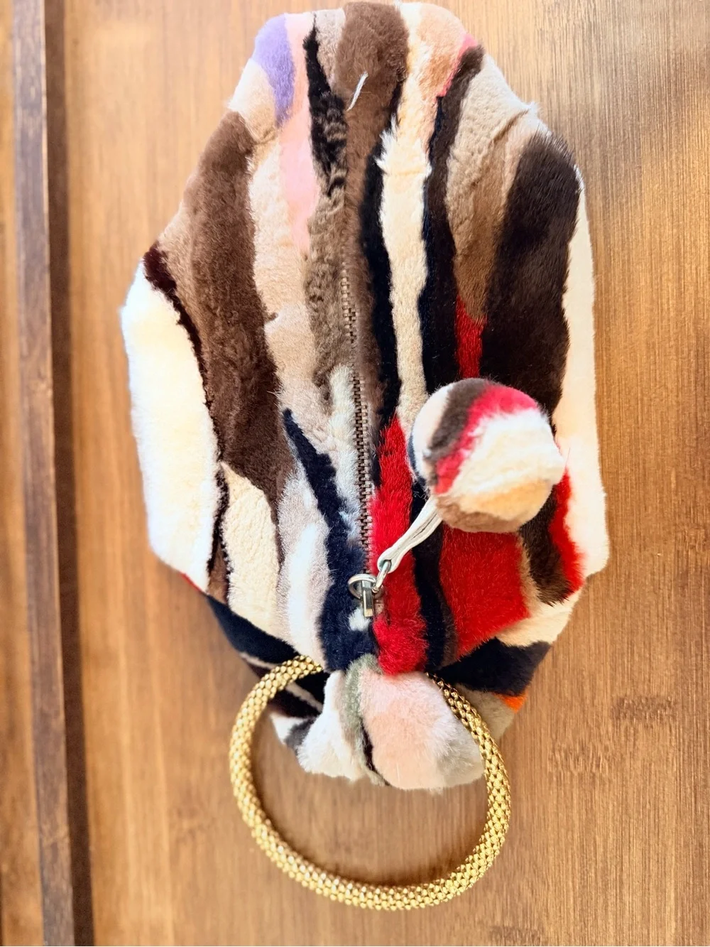 Multicolor Fur Wristlet Clutch with Gold Ring